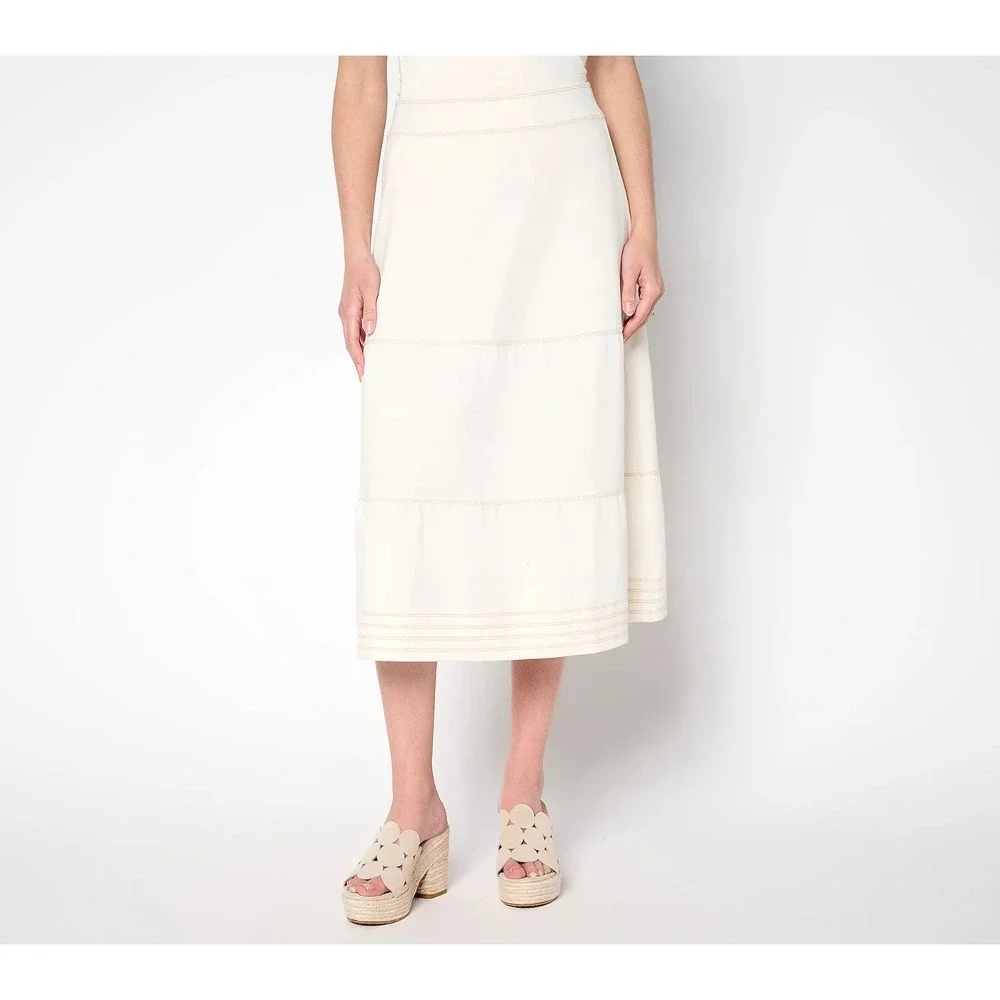 Susan Graver Cool Touch‎ Denim Petite Pull-On Tiered Midi Skirt,Petite 1X
